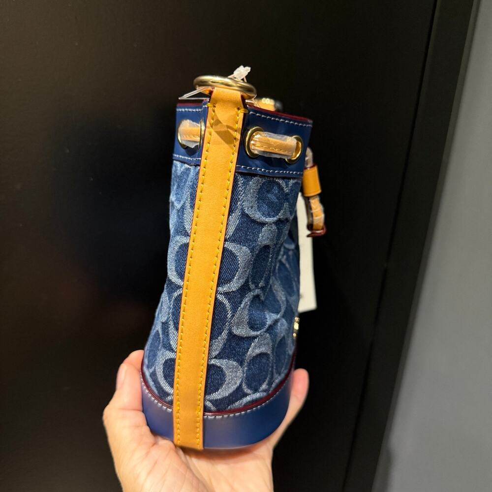 Coach Blue Denim Signature Drawstring Crossbody Bag with Tan Trim - Picture 3 of 12